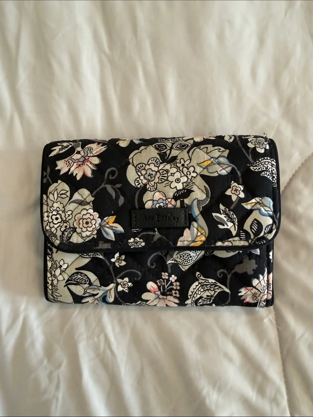Vera Bradley Black Quilted Floral Fold-Over Travel Cosmetic Pouch
